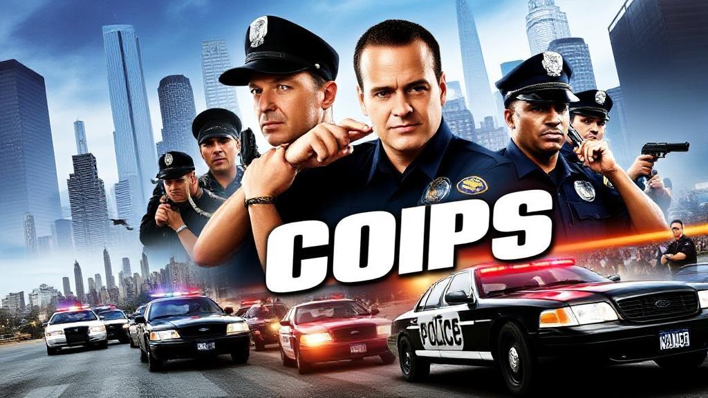 A dynamic collage of police officers in action, patrol cars, and cityscapes, capturing the essence of the TV show "Cops."