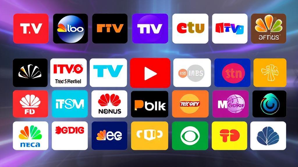 A vibrant collage of popular TV network logos and streaming icons set against a sleek digital interface background.