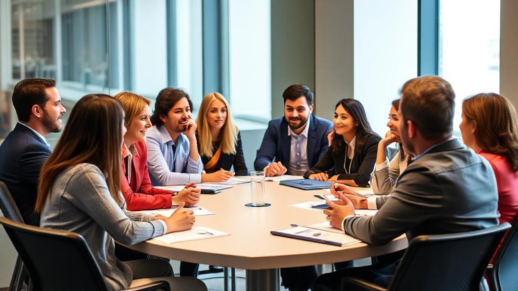 A diverse group of professionals engaged in a lively discussion around a conference table, symbolizing the collaborative and dynamic nature of an MBA program.