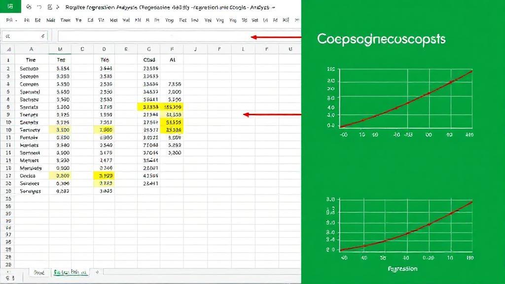 A detailed Excel spreadsheet with highlighted cells and graphs illustrating regression analysis concepts.