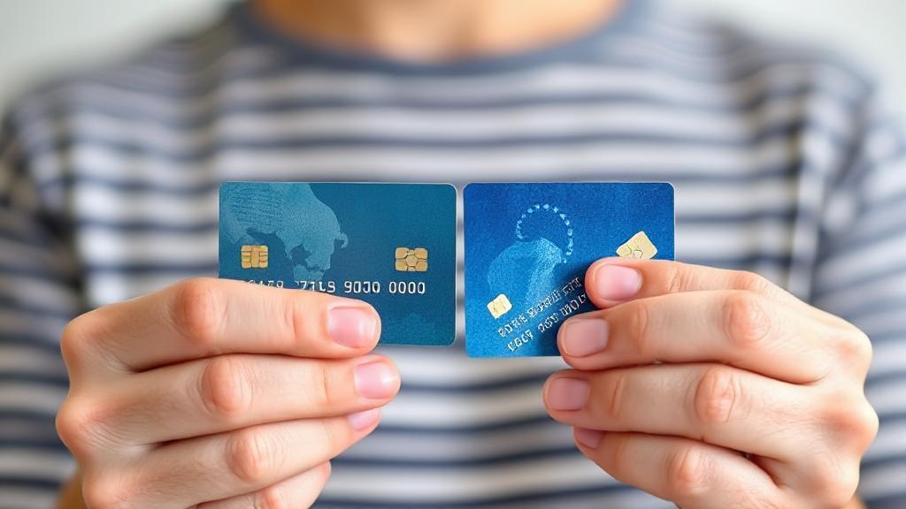 A person holding two credit cards, symbolizing the process of using one to pay off the other.