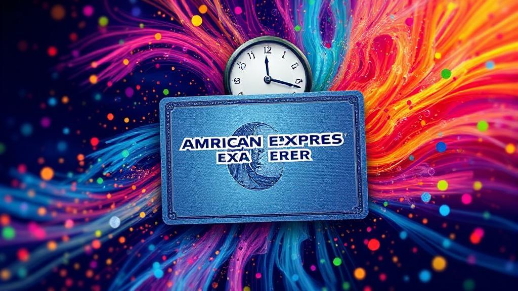A vibrant image of an American Express card surrounded by a dynamic swirl of colorful points and a clock, symbolizing the timeless value of Membership Rewards.