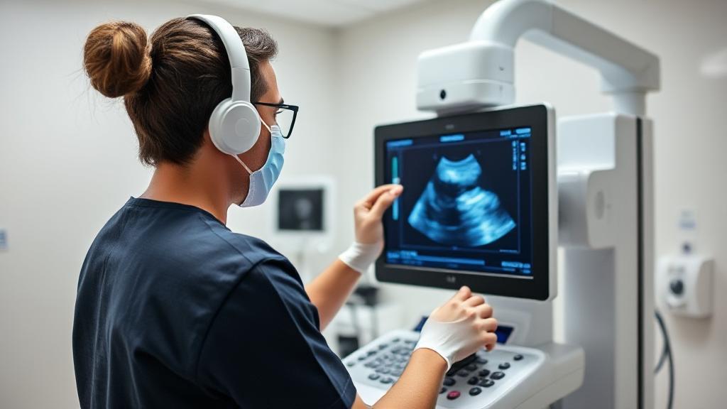 A professional sonographer conducting an ultrasound scan in a modern medical facility.