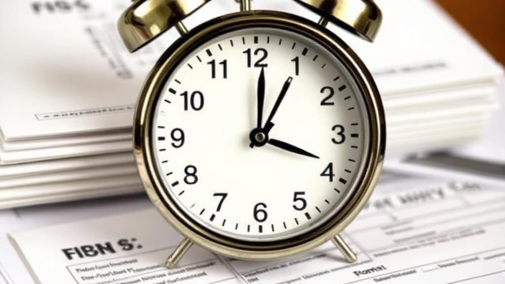 A close-up image of a clock face overlaid on a stack of IRS forms, symbolizing the time involved in obtaining an Employer Identification Number (EIN).