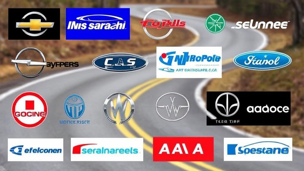 A collage of various car insurance logos set against a backdrop of a winding road.