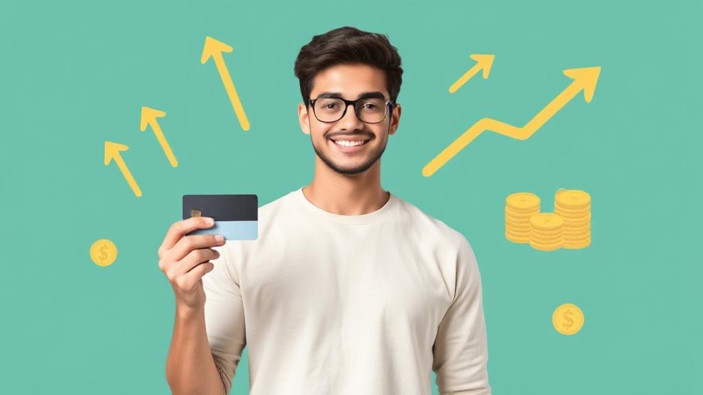 A young adult confidently holding a credit card, surrounded by symbols of financial growth and stability, such as upward arrows and coins.