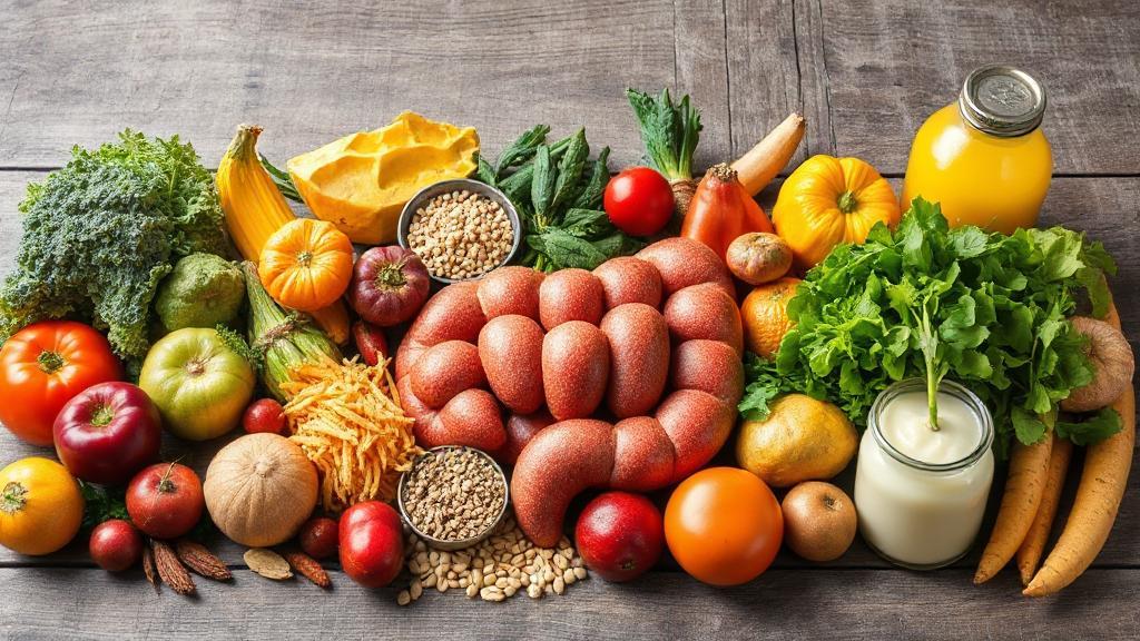 A vibrant assortment of fresh fruits, vegetables, whole grains, and fermented foods arranged on a rustic table, symbolizing a healthy gut and balanced diet.