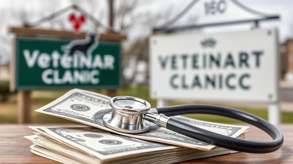 A stethoscope resting on a stack of dollar bills beside a veterinary clinic sign.