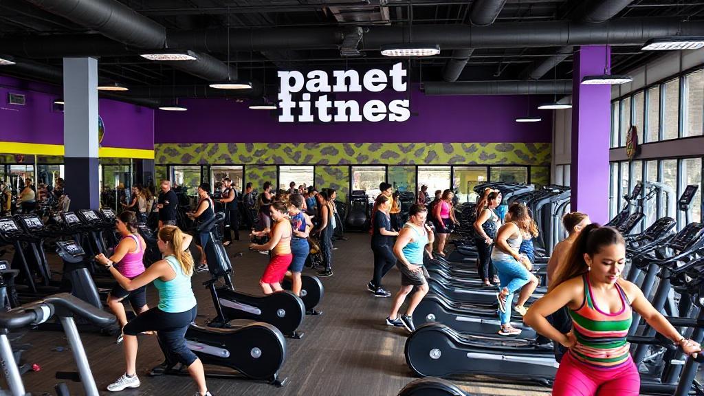 A vibrant gym scene featuring Planet Fitness members working out, with a focus on the gym's welcoming atmosphere and modern equipment.