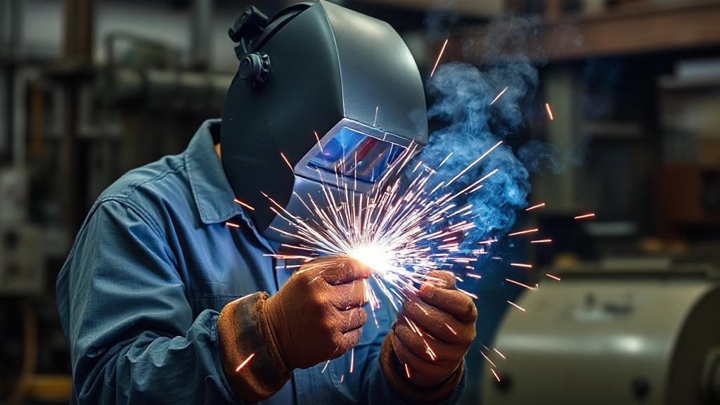 A skilled welder in protective gear working with bright sparks flying, set against a backdrop of industrial equipment.