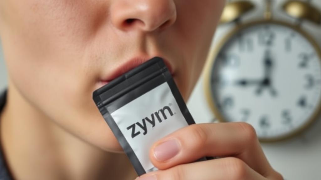 A close-up image of a person holding a Zyn pouch near their mouth, with a clock in the background symbolizing time.