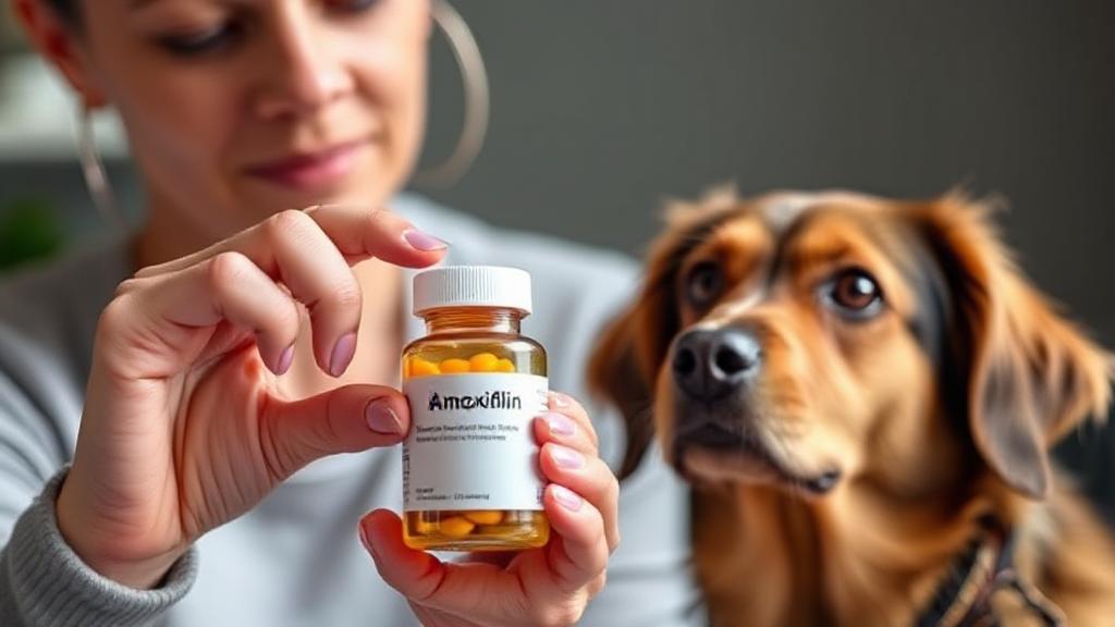A concerned pet owner holding a pill bottle labeled "Amoxicillin" while their dog looks on inquisitively.