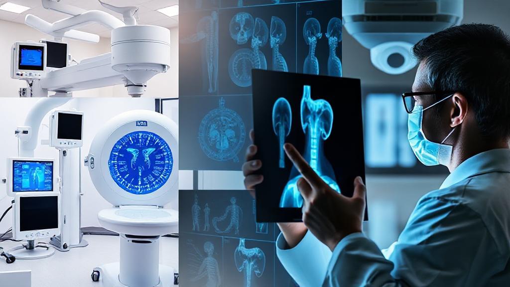 A dynamic collage of medical imaging equipment and a focused radiologic technologist examining X-ray results.