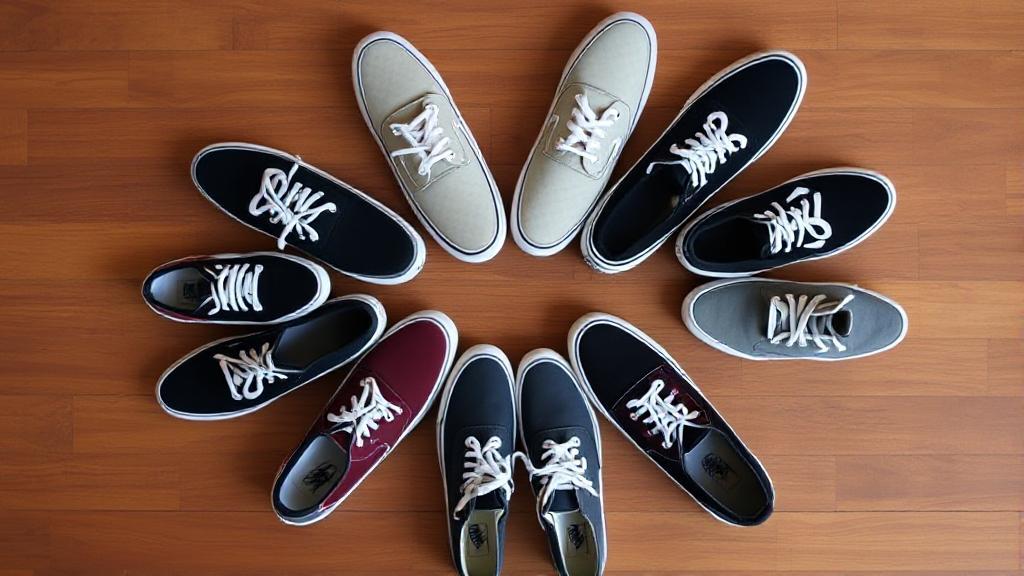 A top-down view of various Vans shoes in different styles and sizes arranged in a circle on a wooden floor.