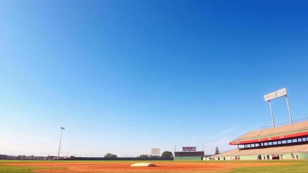 A nostalgic scene from "Angels in the Outfield" featuring a baseball field under a clear blue sky, capturing the magic and excitement of the game.