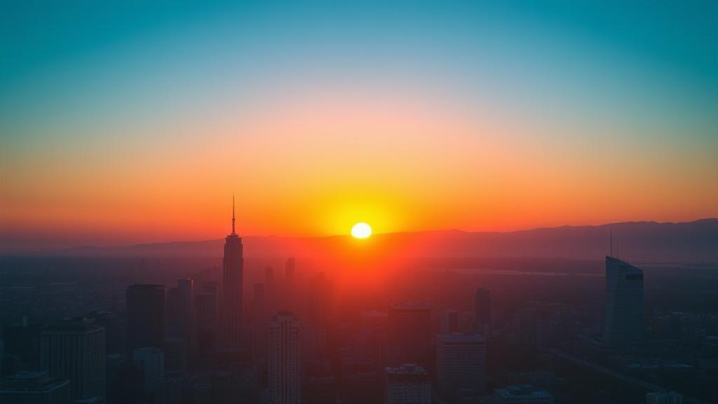 A hopeful depiction of a sunrise over a city skyline, symbolizing new beginnings and advancements in lung cancer treatment.