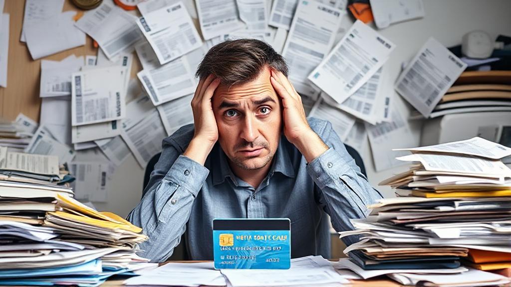 A worried individual surrounded by overdue bills and a cut-up credit card on a cluttered desk.