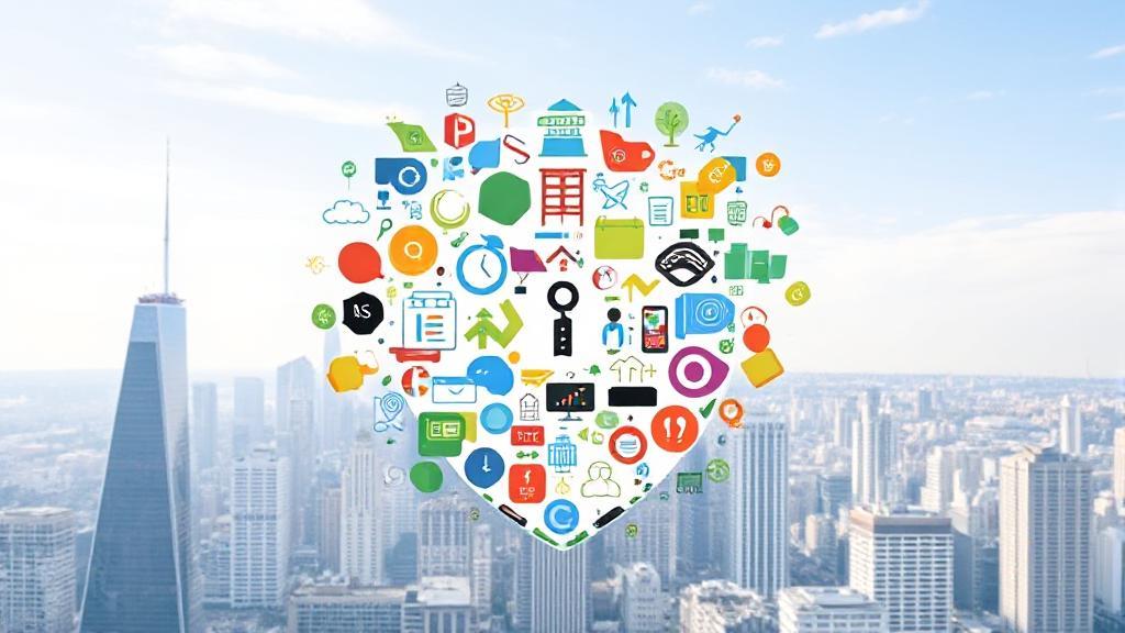 A collage of diverse insurance-related icons and symbols forming the shape of a shield against a backdrop of a city skyline.