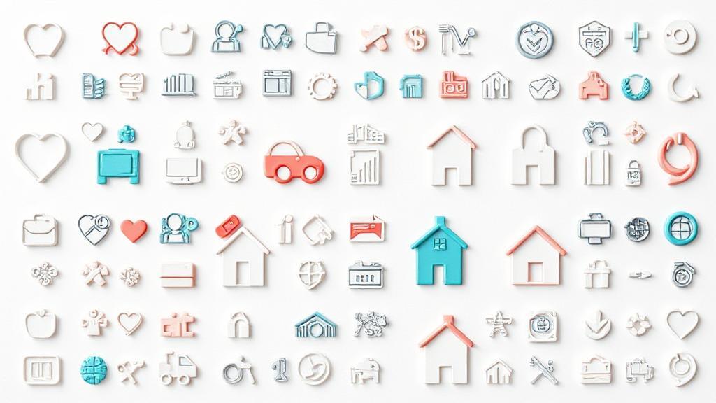 A diverse array of insurance icons, including health, auto, home, and life, arranged in a grid pattern against a neutral background.