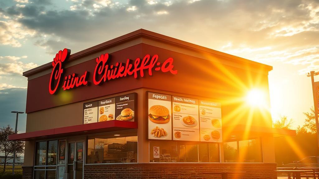 A sunrise-lit Chick-fil-A restaurant with a focus on a breakfast menu board displaying popular morning items.