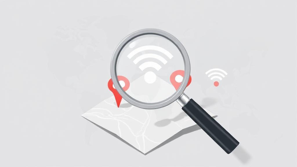 A digital illustration of a magnifying glass hovering over a map with Wi-Fi symbols, representing the search for internet service providers at a specific location.