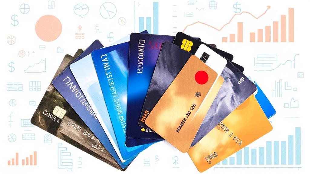 A collage of various credit cards fanned out against a backdrop of financial symbols and graphs.