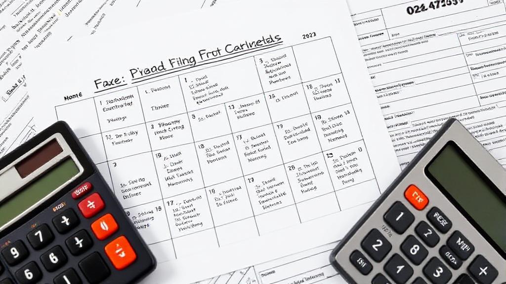 A calendar marked with important tax filing dates and deadlines, surrounded by tax forms and a calculator.