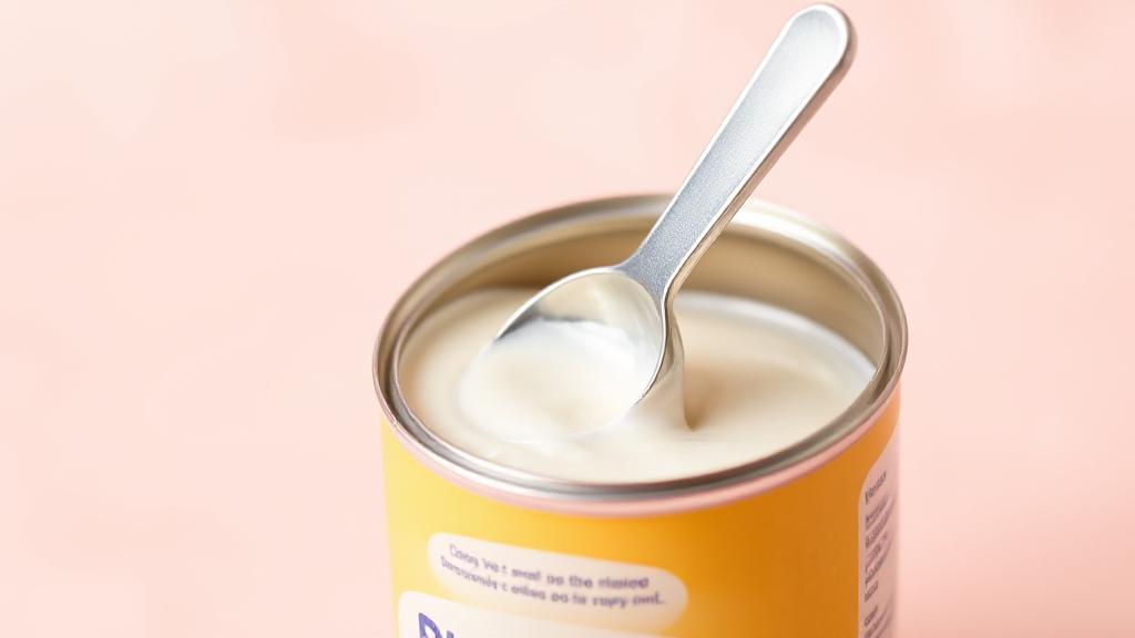 A close-up image of an opened can of baby formula with a measuring scoop inside, set against a soft pastel background.
