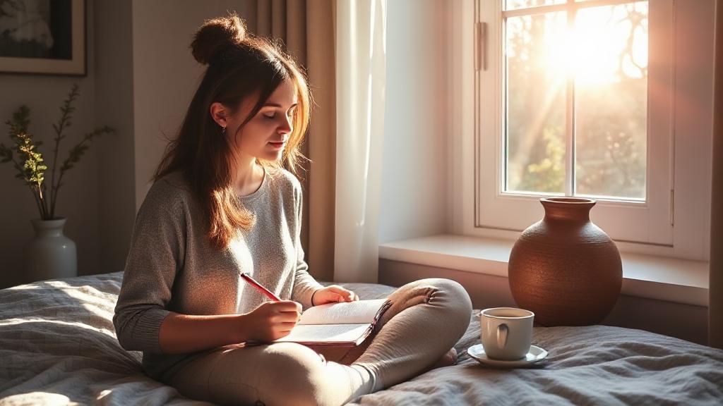 A serene morning scene with a person journaling, sipping tea, and meditating by a sunlit window, symbolizing daily habits for mental well-being.