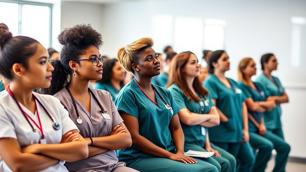 A diverse group of nursing students in scrubs attentively listening to a lecture in a bright, modern classroom.