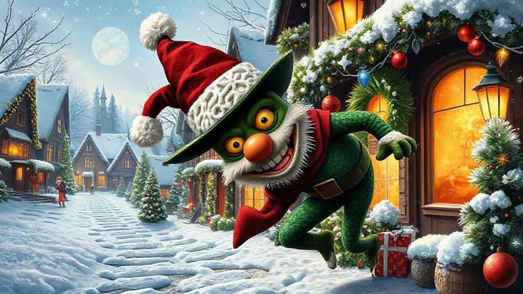 A festive collage featuring a mischievous gringo character sneaking through a snowy village adorned with Christmas lights and decorations.