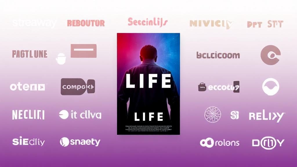A vibrant collage of streaming platform logos surrounding the movie poster for "Life."