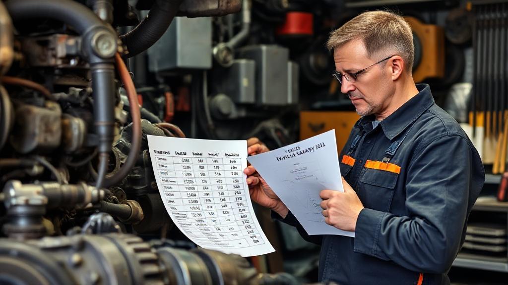 A diesel mechanic in a workshop, surrounded by tools and engine parts, examining a detailed salary chart for 2023.