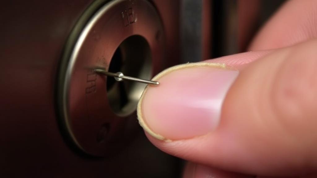 A close-up image of a hand skillfully manipulating a bobby pin inside a lock, illustrating the lock-picking process.