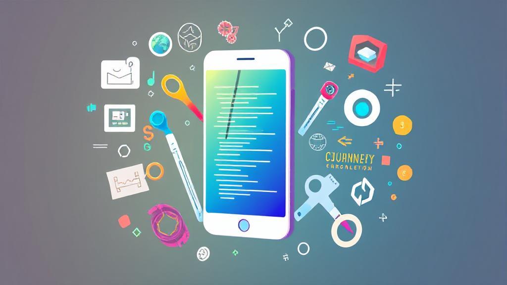 A vibrant illustration of a smartphone surrounded by coding symbols and tools, symbolizing the journey of app development.