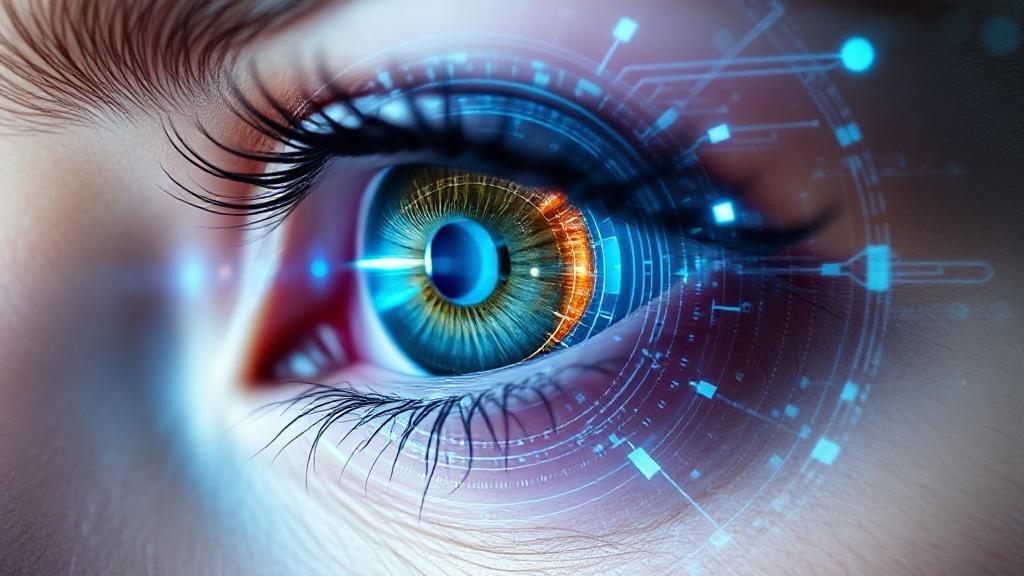 A close-up of an eye with a futuristic digital overlay, symbolizing vision correction and decision-making.