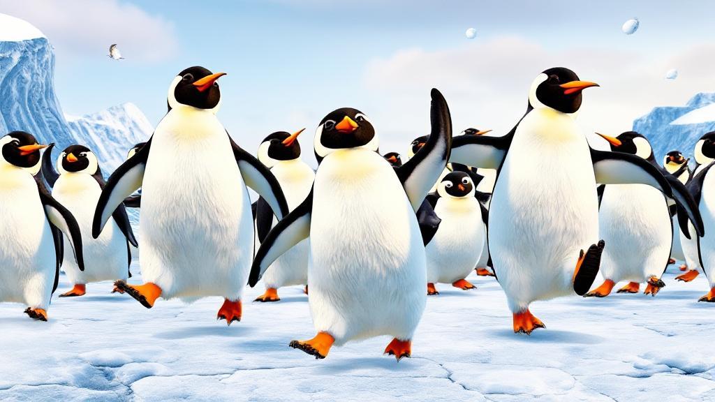 A vibrant collage of penguins dancing joyfully on icy landscapes, capturing the essence of the animated film "Happy Feet."