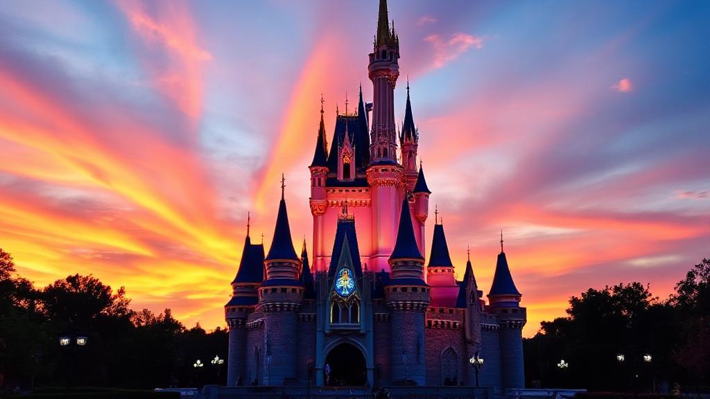A vibrant sunset over Cinderella Castle at Disney World, symbolizing the magical end of a day at the park.