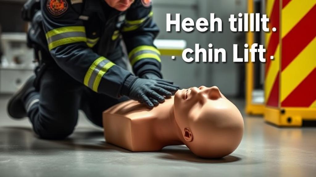 A dynamic image depicting a first responder demonstrating the head-tilt, chin-lift technique on a mannequin, emphasizing urgency and precision in an emergency setting.