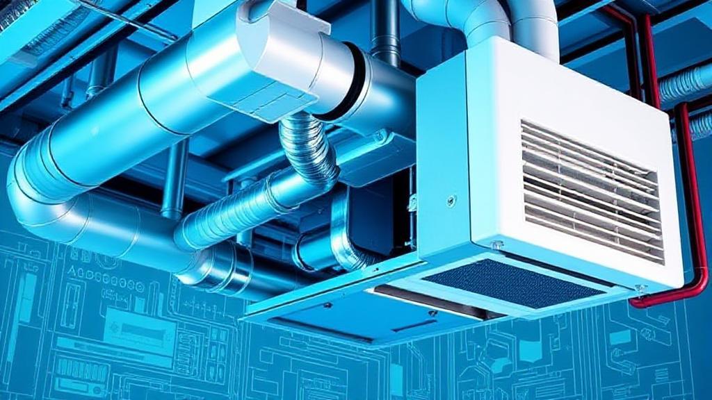 A sleek, modern HVAC system with visible ducts and vents, set against a blueprint background, illustrating the integration of heating, ventilation, and air conditioning components.