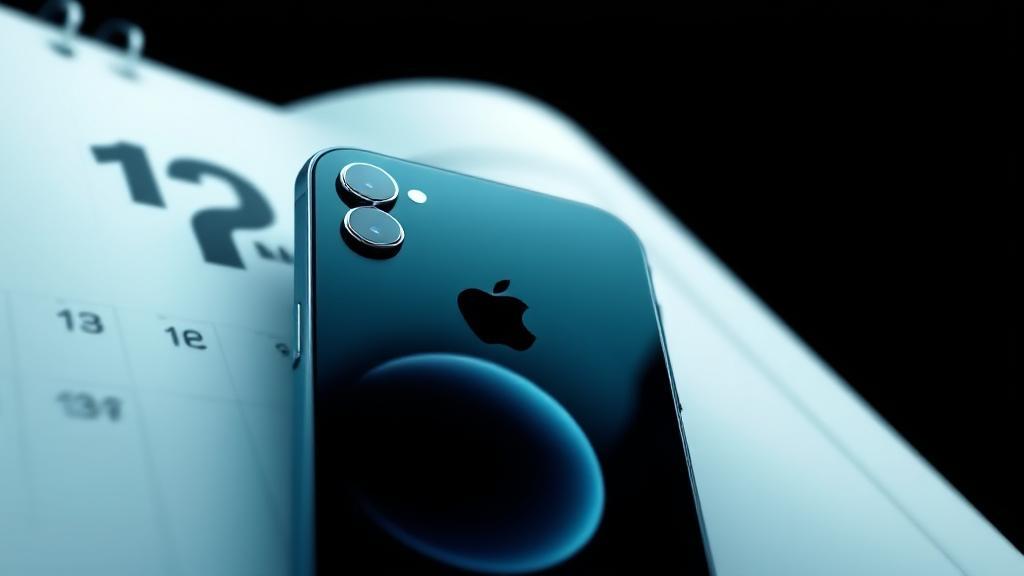A sleek, futuristic rendering of the anticipated iPhone 15 set against a backdrop of a calendar page marked with a question mark.