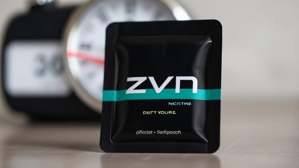 A close-up image of a Zyn nicotine pouch with a timer in the background, symbolizing the duration of its effect.