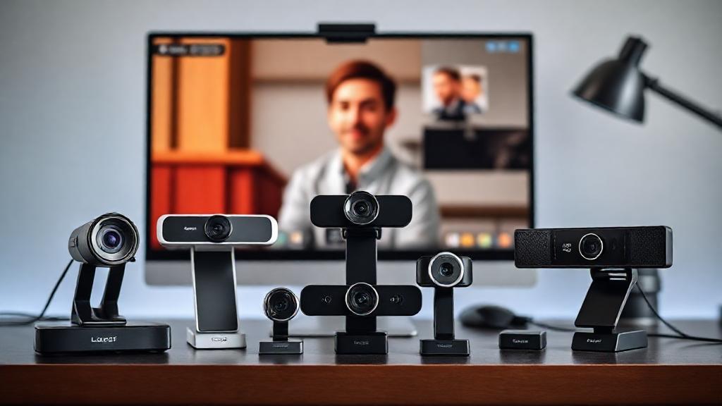 A sleek arrangement of the latest webcams from top brands displayed on a modern desk setup, with a vibrant video call in progress on a computer screen.