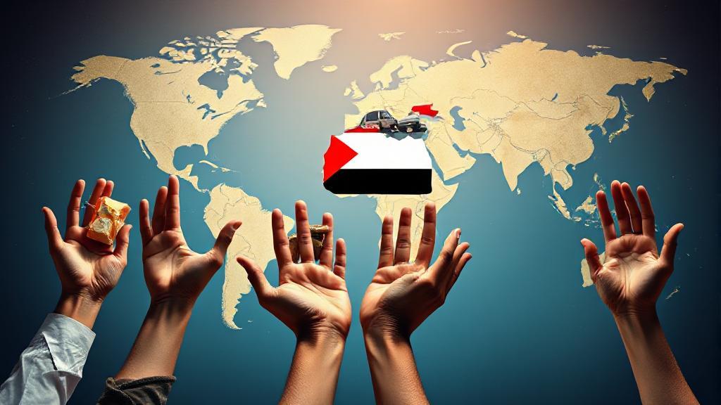 A powerful image depicting hands reaching out with supplies and aid towards a map of Gaza, symbolizing global solidarity and support.