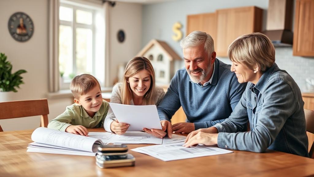 A family reviewing financial documents at a kitchen table, with a house and dollar signs in the background.