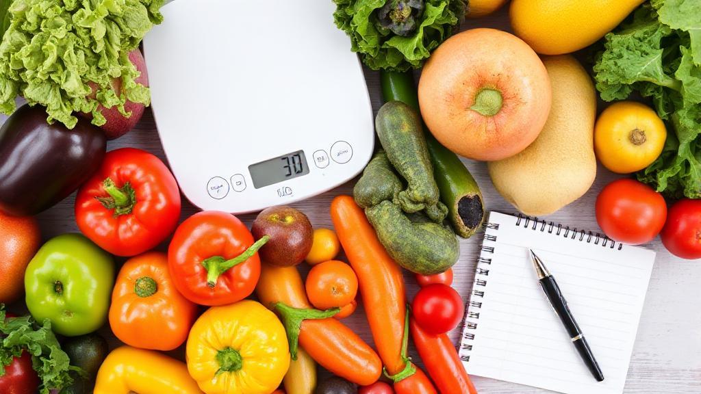 A colorful assortment of fresh fruits and vegetables alongside a digital kitchen scale and a notepad with a pen.