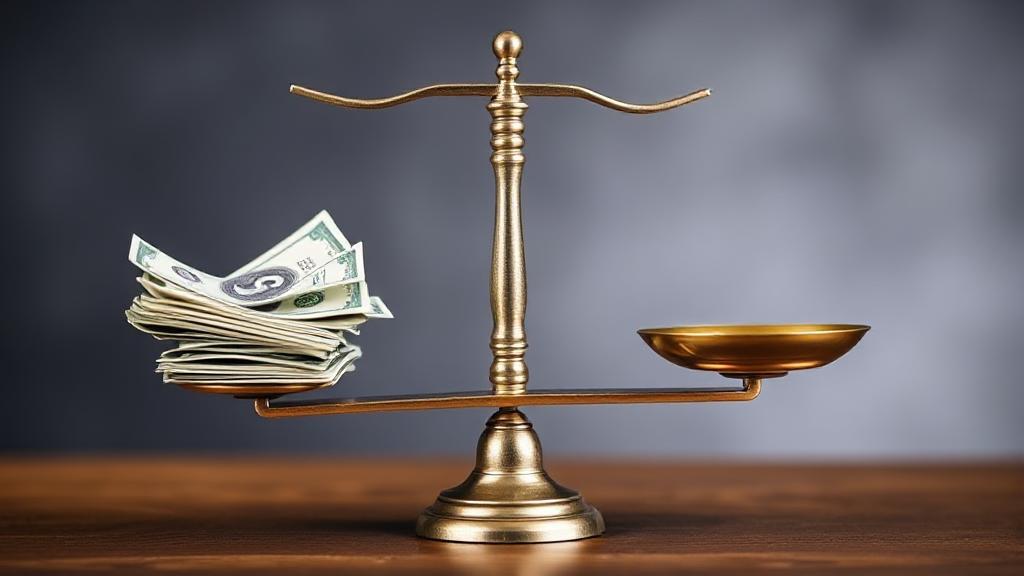 A balanced scale with money on one side and a question mark on the other, symbolizing the decision-making process of taking a personal loan.