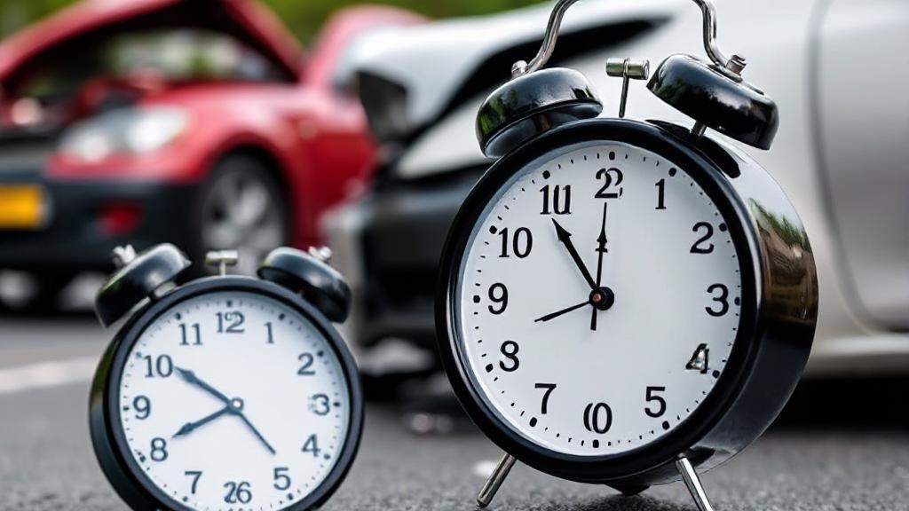 A clock superimposed on a car accident scene, symbolizing the urgency of filing an injury claim.
