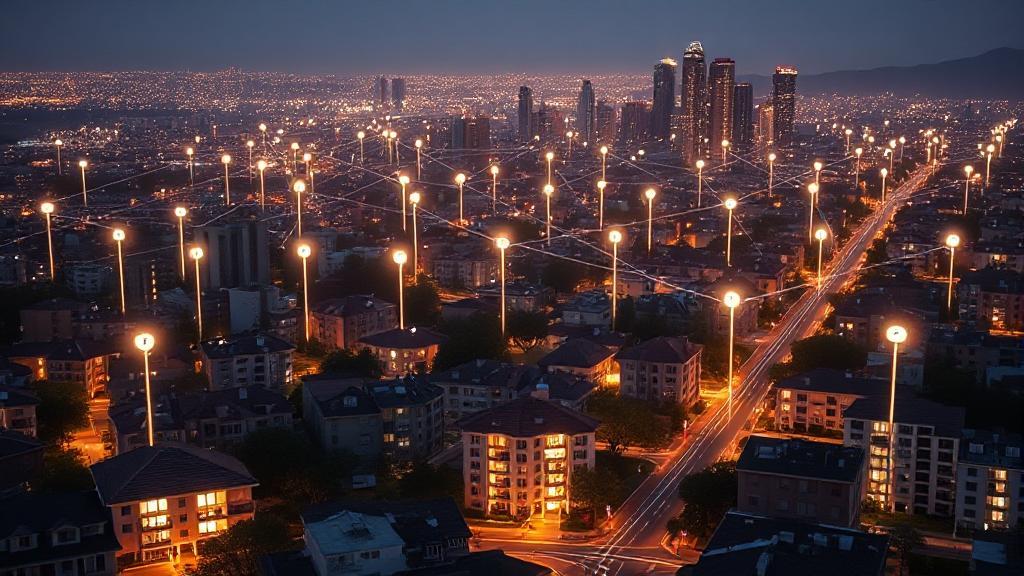A futuristic cityscape with glowing 5G network signals connecting homes and buildings, symbolizing widespread Verizon 5G Home Internet coverage.