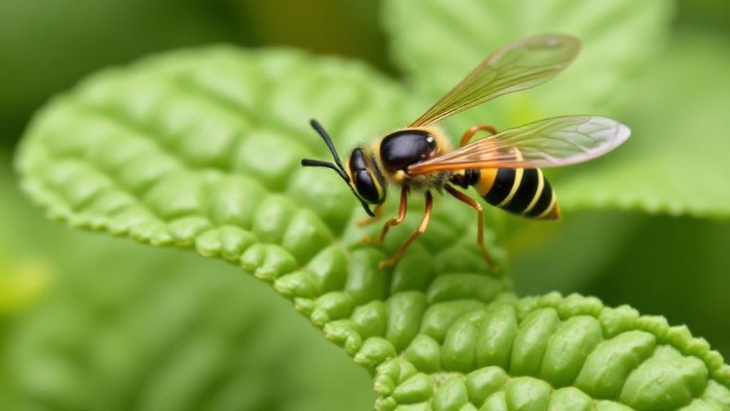 A close-up image of a wasp hovering near a fresh peppermint leaf, highlighting the natural repellent properties of peppermint oil.